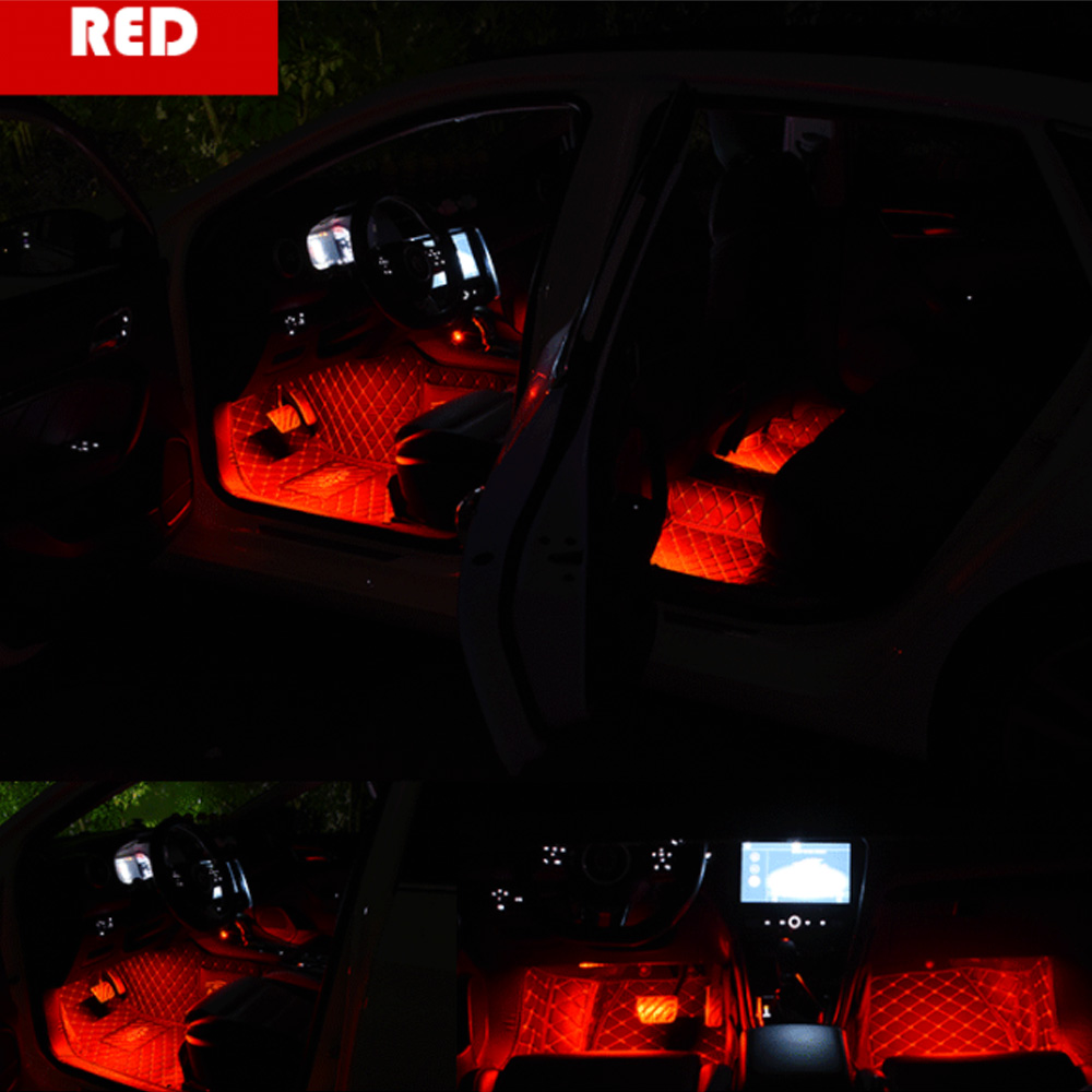 Luz ambiental para pies Interior de coche con USB, lámparas decorativas de ambiente automático, Kit de luces de tira para pies de 48 LED, accesorios para coche: Marfíl / Rojo
