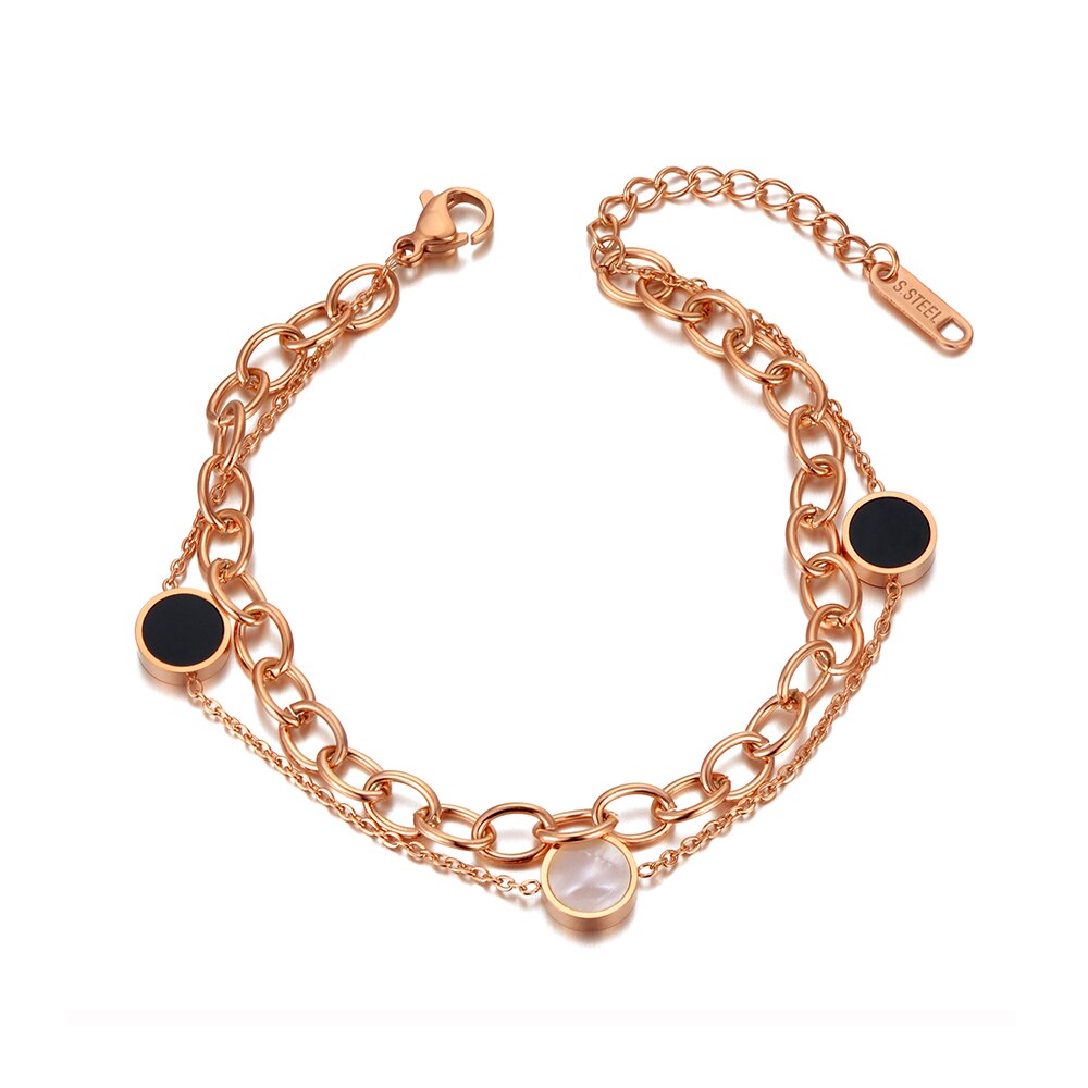 Lokaer Trendy Redonda de Aço Inoxidável de Dupla Camada Shell Acrílico Elo Da Cadeia Pulseira de Charme Pulseiras Para As Mulheres Menina Bohemia B20030: Cor de rosa de Ouro