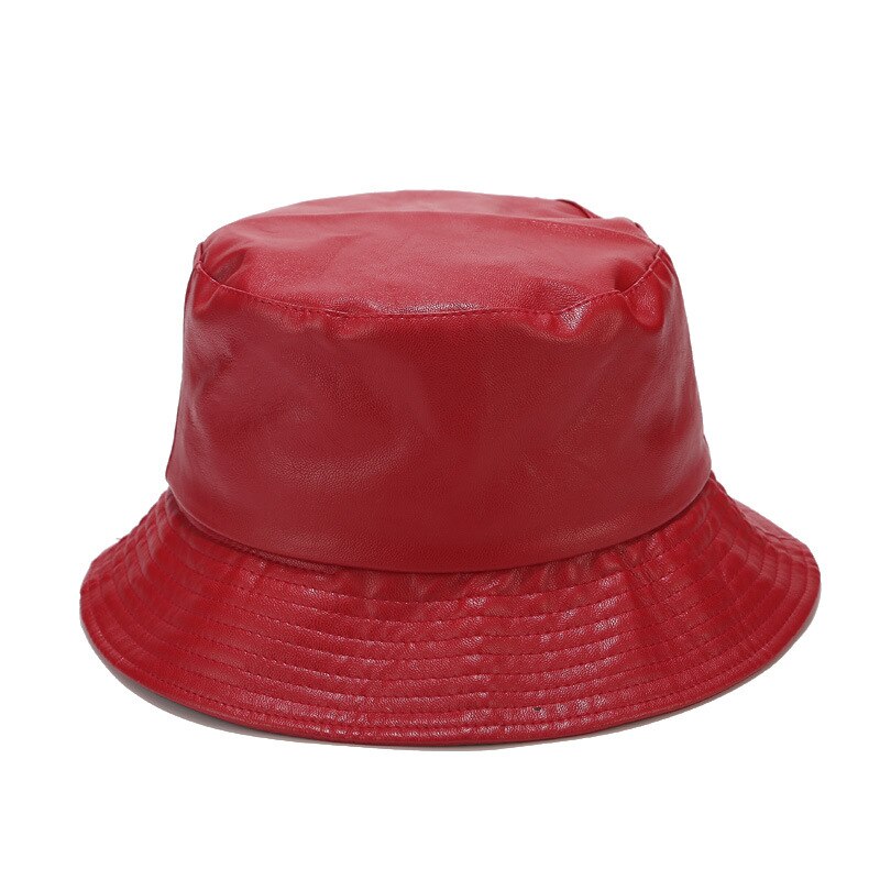 Retro pu læder spand hat kvinder mænd vinter efterår varm solid enkel fisker kasket sol regn vandtæt panama bassin hat: Rød