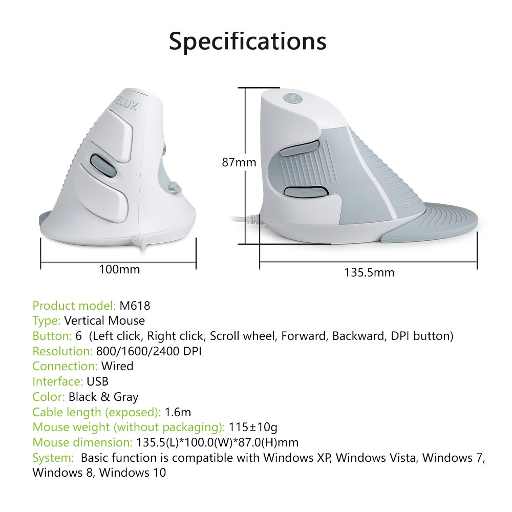 Delux  m618bu witte bedrade ergonomische verticale muis 1600 dpi 6 knoppen optische muis rechtshandig met polsmat voor pc en laptop
