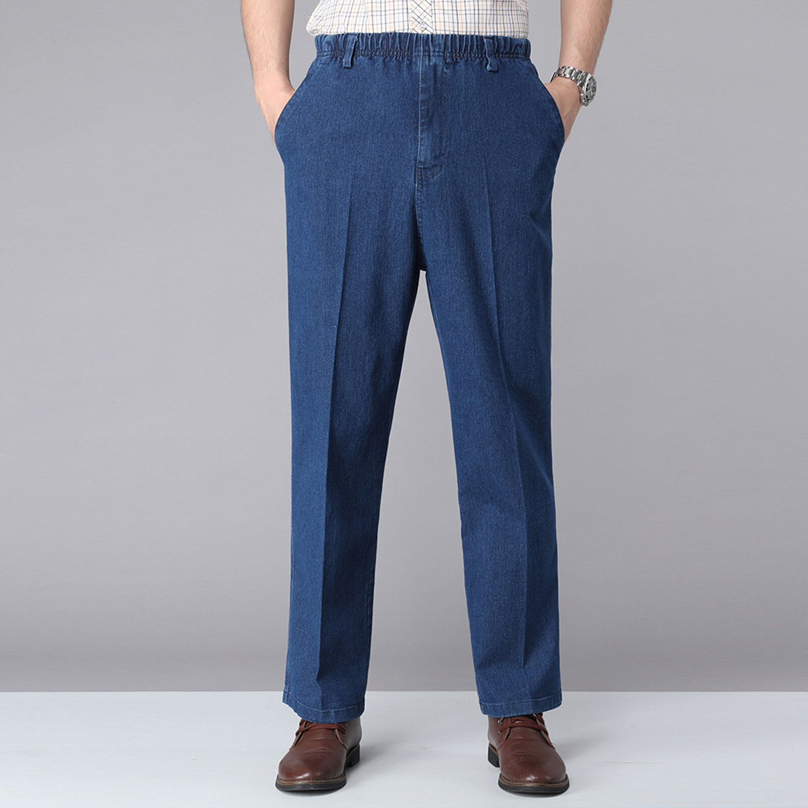 Men Jean Pants Solid Color Elastic Waistband Drawstring Straight Denim Pants Long Trousers with Pockets Plus Size