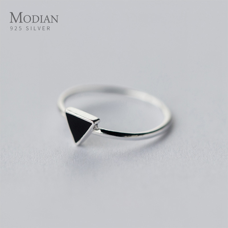 Modian Zwart Emaille Driehoek Sterling Zilver 925 Ring Voor Vrouwen Mode Open Verstelbare Geometrische Ring Originele Fijne Sieraden