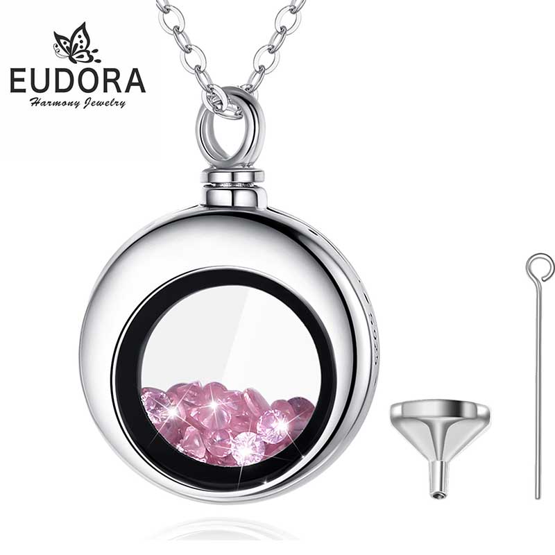 Eudora 925 Sterling Zilveren Cirkelvormige Crematie Gedenkteken Urn 11 Kleur Kristal Stenen Hanger Ketting Mode-sieraden Souvenir