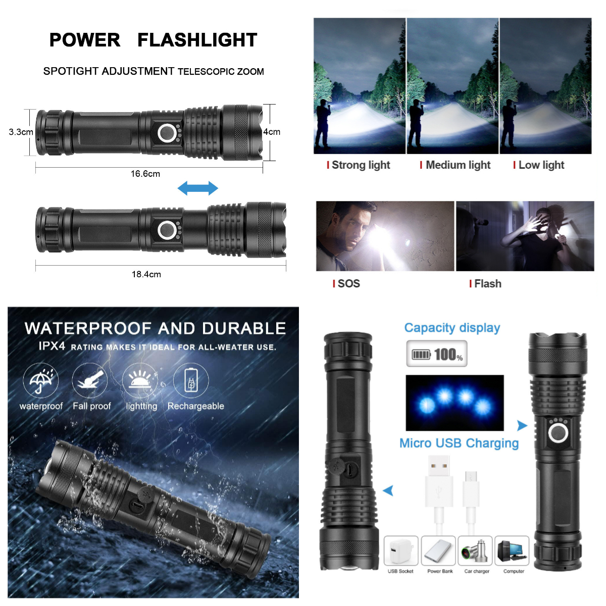 Rechargeable LED Flashlights Super Bright Portable Flashlights 3/5 Modes Telescopic Zoom Waterproof Handheld Torches