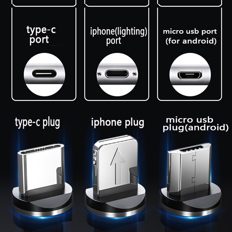 540 graden gloeiende magnetische oplaadkabel voor mobiele telefoons met led-lampje, micro-usb-type c voor apple android-oplader, oplaadsnoer