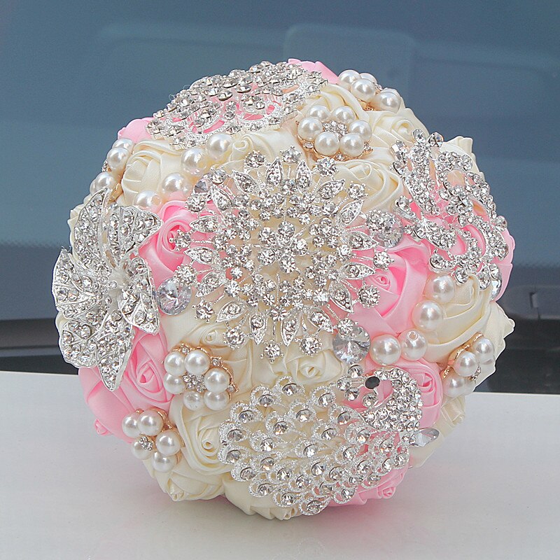 Bouquet de mariage broche diamant de , 15cm, rubans à fleurs de mariage, demoiselle d'honneur, Bouquets de mariage en cristal 8 Styles: W230 ivory pink