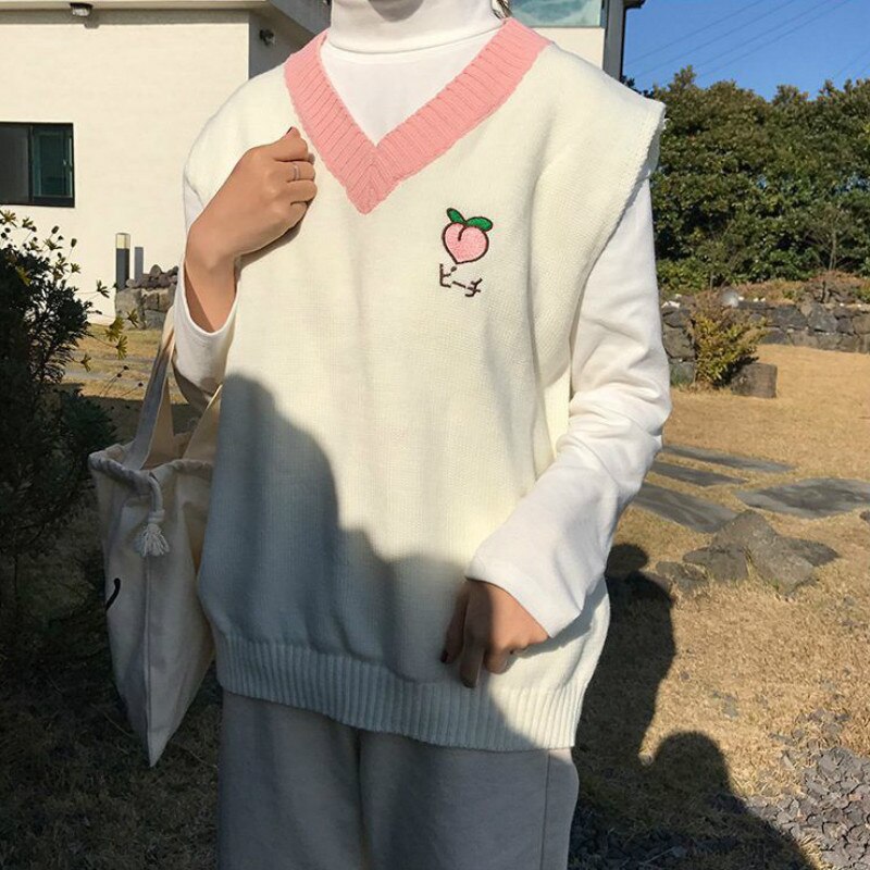 Sweter kamizelka kobiety owoce naszywane patchworkowe jesienne damskie piękne znosić moda swetry student wszystkie mecze proste luźne ins