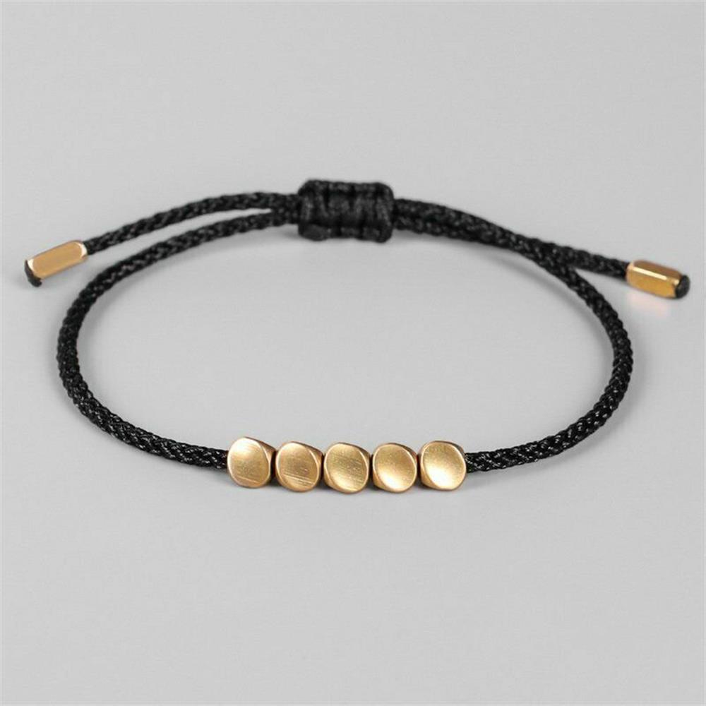 Feito à mão tibetano sorte corda pulseira com contas de cobre para mulheres homens trança fio de algodão pulseiras tamanho ajustável jóias presente: 5 Bead Black Rope