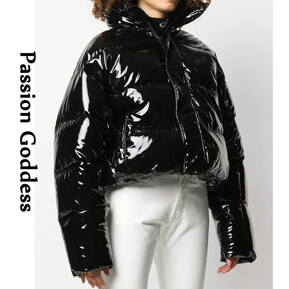 Vrouwen Winter Heldere Pu Puffer Jas Warme Dikke Bubble Jas Oversized Rits Glossy Lederen Down Parka Bovenkleding Leuke Roze Jas