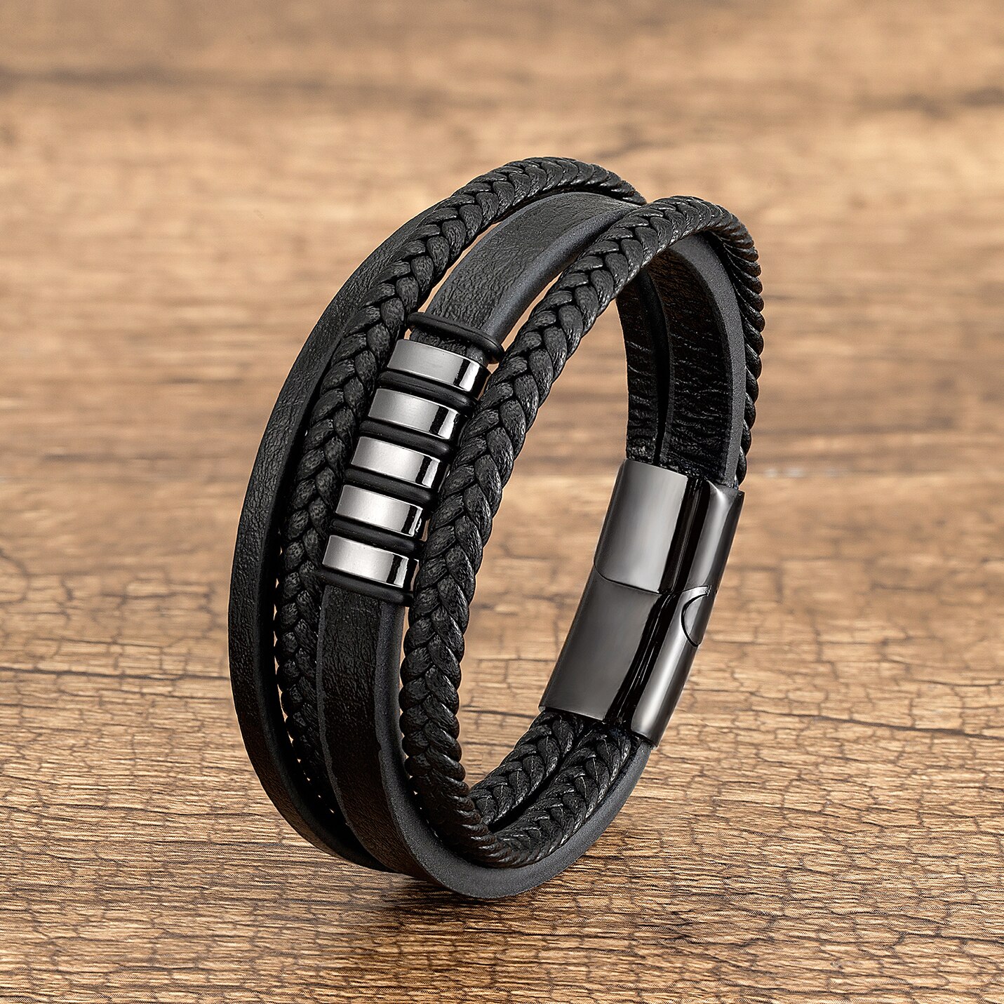 Klasyczny Design ręcznie tkane skórzane bransoletki mężczyźni zapięcie magnetyczne ze stali nierdzewnej Charms bransoletka na rękę Homme męska biżuteria prezenty: Black Metal / 23cm