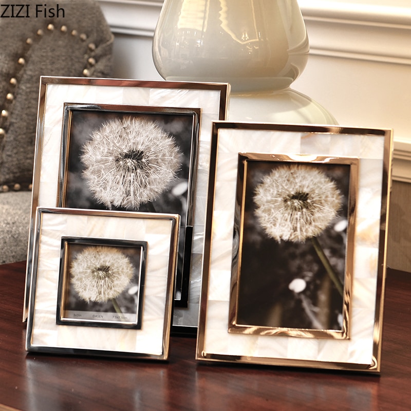 Gouden Legering Fotolijst Natuurlijke Shell Materiaal Omlijst Familie Portret Nachtkastje Bureau Decoratie 4/6/7 Inch Fotolijsten