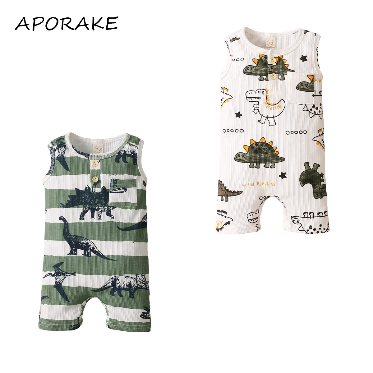 0-18M Infant Baby Boy Playsuit Summer Cartoon Dinosaur Striped Print Sleeveless Jumpsuit Romper Casual Cotton Outfit