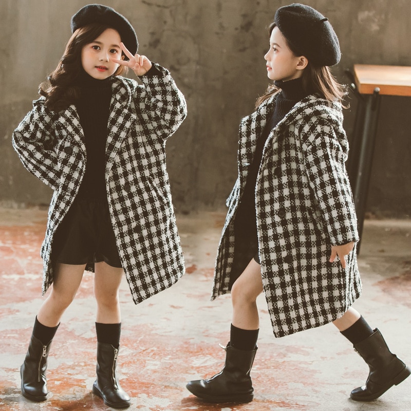 Meisjes dikke geruite jas koreaanse capuchon warme wollen windjack bovenkleding herfst winter 4-11 jaar