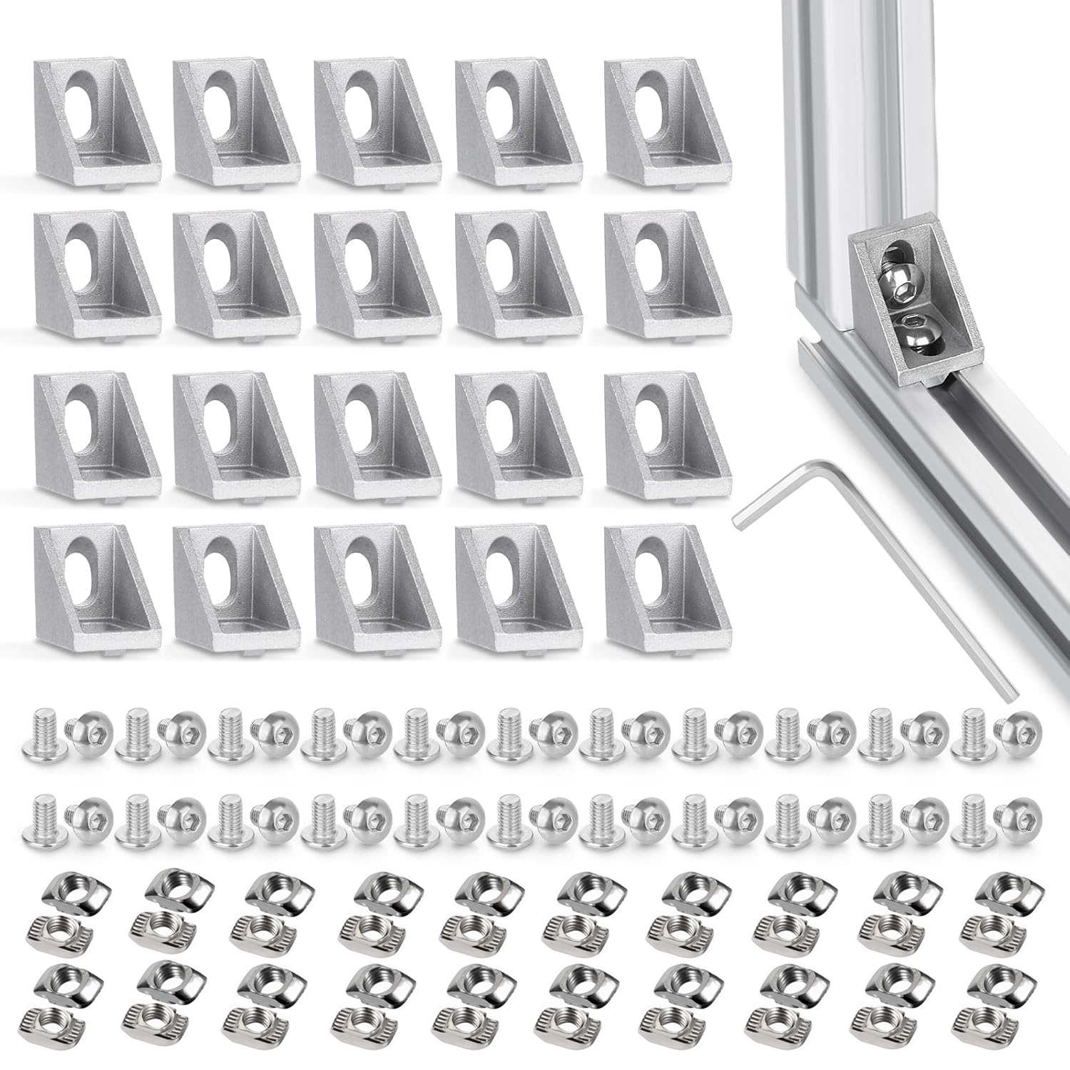 20 ensembles de supports d'angle, 40 écrous en T et boulon à vis hexagonale pour fente 6mm série , accessoires de profil d'extrusion d'aluminium: Nickel
