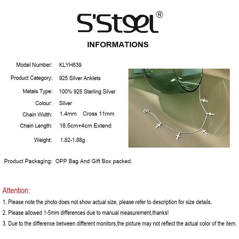S'steel 925 Sterling Silver Anklets For Women Cross Anklet Party For Girls Tobillera De Plata De Ley Mujer Fine Jewelry