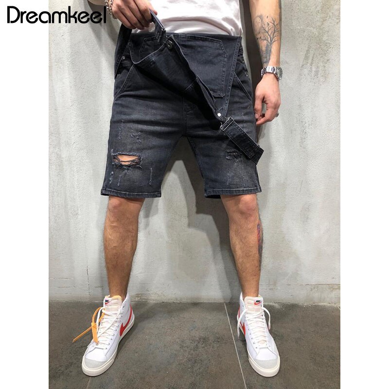 Men's Hole denim shorts jumpsuit men Vintage Overalls Male Casual Suspender trouser summer Playsuit men shorts jumpsuit men Y