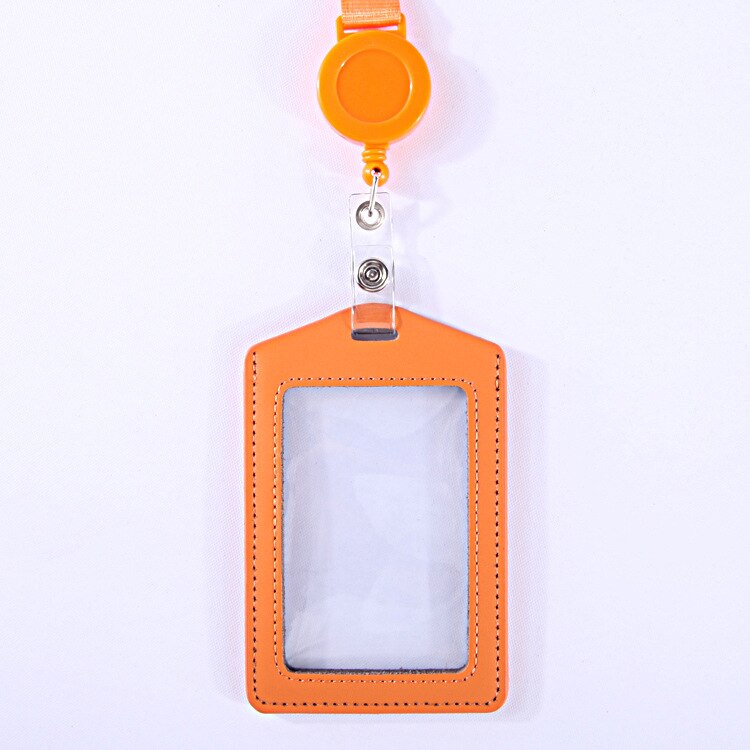 Læder kortholder dobbeltsidet gennemsigtig arbejde id kortholder arbejdskort pas dæksel udtrækkeligt let træknøglebånd: Orange