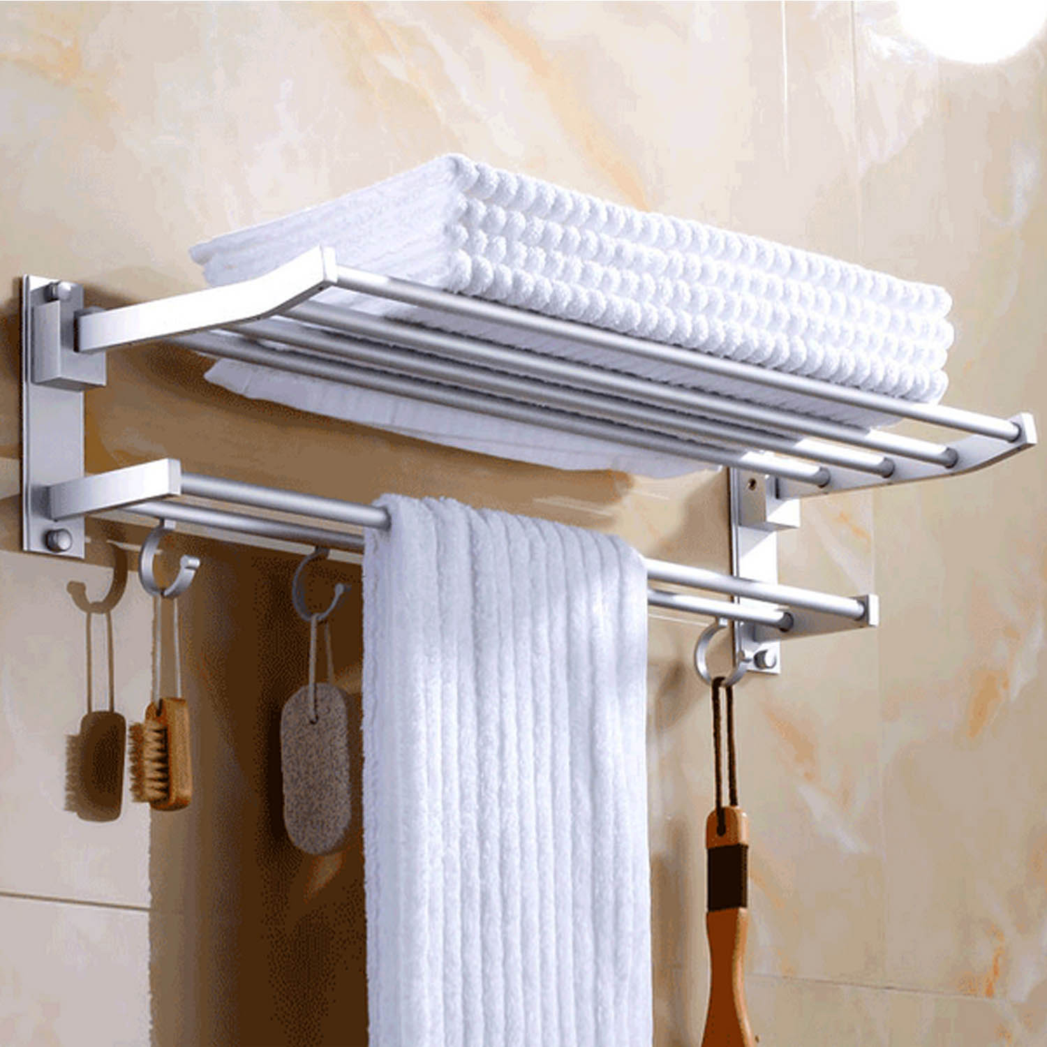 35cm Foldable Wall Mounted Space Aluminum Towel Storage Hanger Shelf Holder Stand Rack with 4pcs Hooks for Home Hotel Bathroom