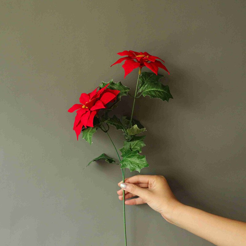 1 Branch 2 Heads Real Touch Cloth Christmas Flowers Artificial Christmas flowers Red Poinsettia vase photography props Ornaments: Red