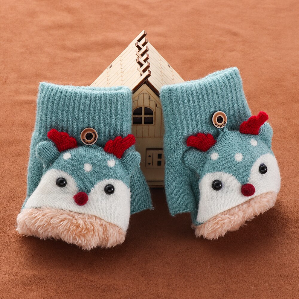 3-7 Year Old Kids Knitted Mittens Children Cute Deer Plus Velvet Padded Gloves Cartoon Kindergarten Clamshell Fingerless Gloves
