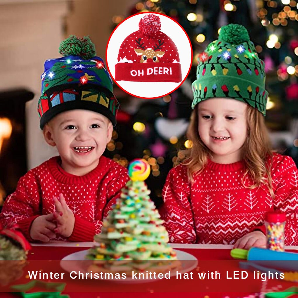 Kerstmuts met led-verlichting, cartoon gebreide muts, kerstmuts met licht, kerstversiering voor kinderen