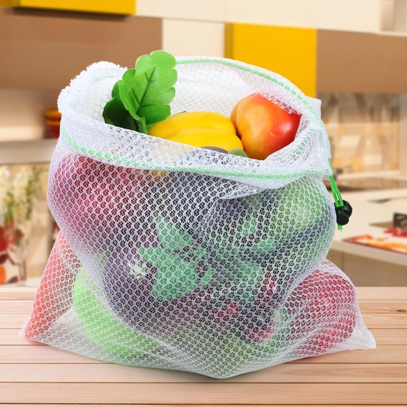 1pc gjenbrukbare nettingposer vaskbar frukt og grønnsaker diverse netting-organiseringsveske med snøring for oppbevaringspose for dagligvareinnkjøp
