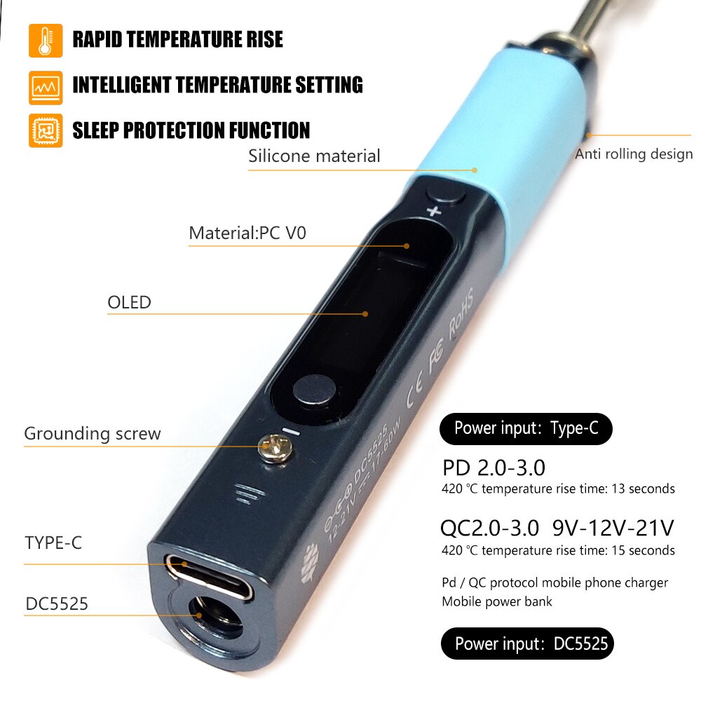 Pine64 Pinecil Smart Mini Portable Soldering Iron Dual Power USB-C DC5525 DC Jack Welding Tool with B2 BC2 KU C1 Tip