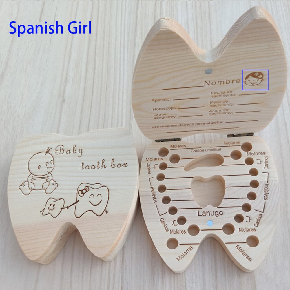 Engelska / spanska trä baby tandbox organisator mjölktänder lagring navelsträng lanugo spara samla baby souvenirer