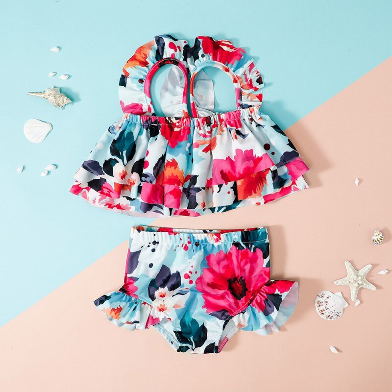 Toddler Girls Swimsuit Bikini Sets Summer Kids Flower Print Swimwear Two-piece Set Children's Bathing Suit Biquini Infantil: 2-3T