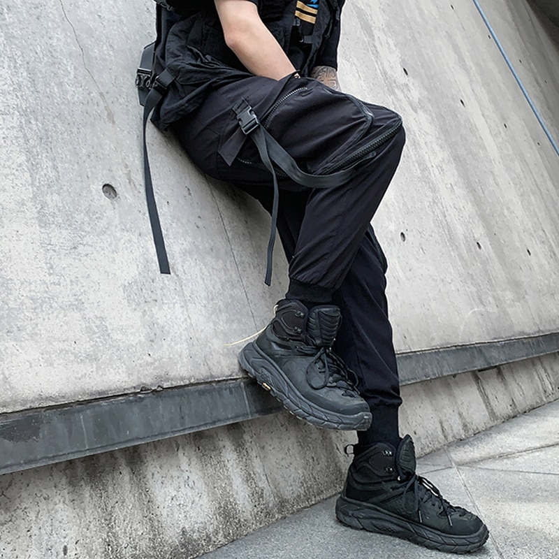 Zipper Big Pockets Ribbons Hip Hop Men's Harem Ripped Sweatpants Joggers Trousers Male Punk Full Length Pencil Pants