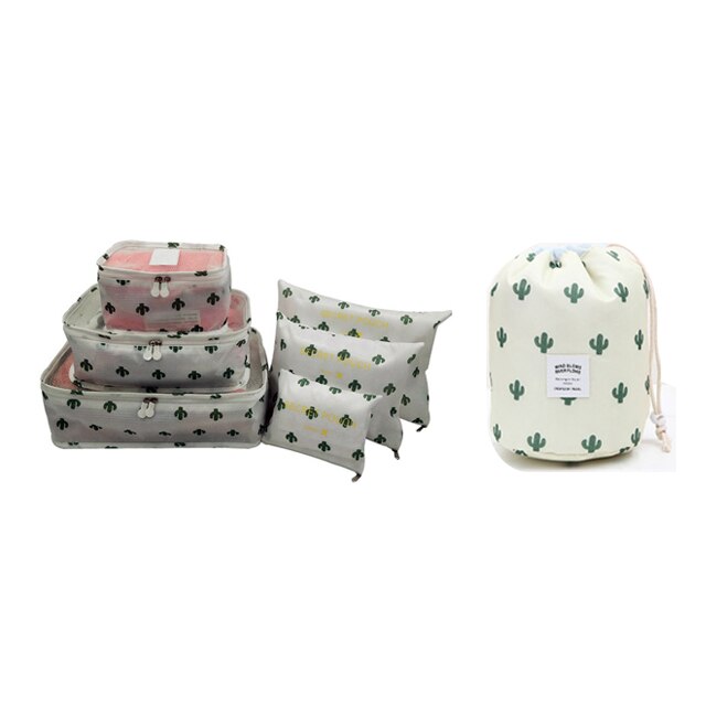 7 stks/set Mannen en Vrouwen Bagage Reistassen Verpakking Cubes Organizer Mode Dubbele Rits Waterdicht Polyester Zak: cactus