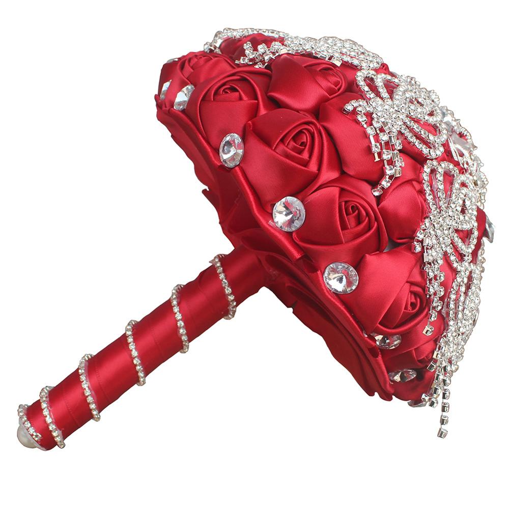 JaneVini Luxus Rot Hochzeit Bouquet Strass Kristall Künstliche Satin Rosen Braut Blumenstrauß Blumen Halten Hochzeit Zubehör