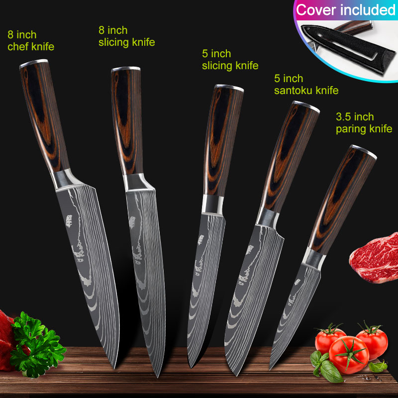 Köksknivar set kockknivar rostfritt stål imitation damaskus mönster santoku klyv skärning verktygsknivar: 5 st sats a