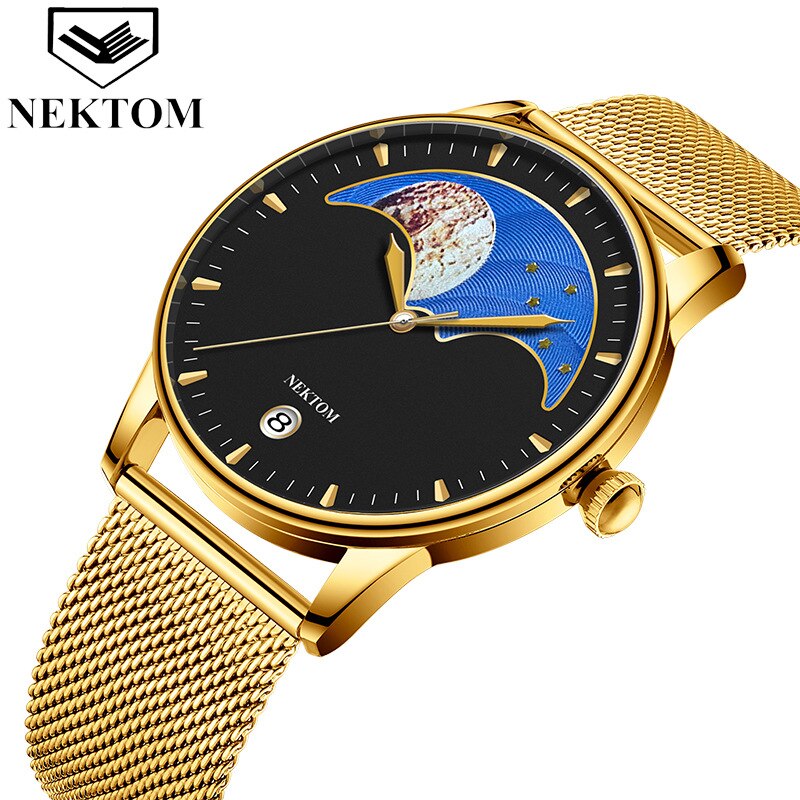 Nektom Echt Mesh Riem Heren Quartz Horloge Ultra-Dunne Kalender Waterdichte Student Paar Horloge
