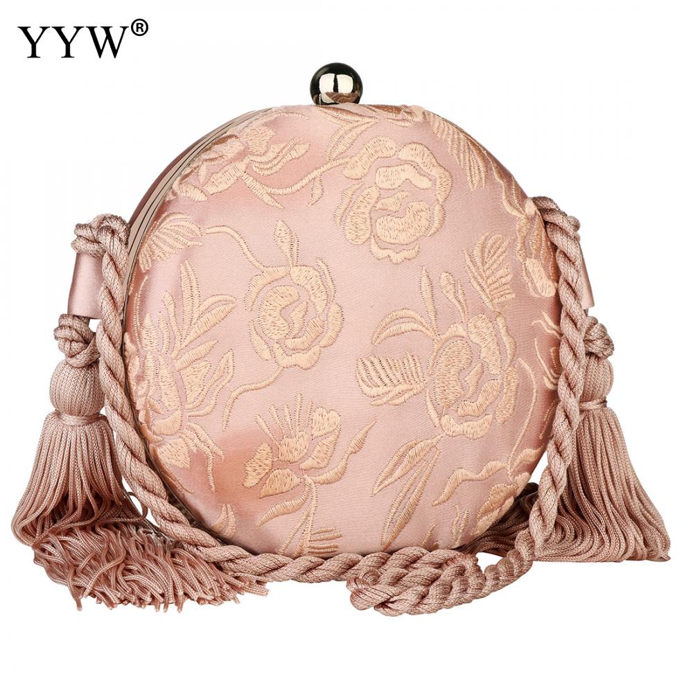 Pink Round Rope Evening Bags Sweet Tassel Clutches Prom Purse Floral Party Clutch Bag Trendy Wedding Bridal Pouch Purse