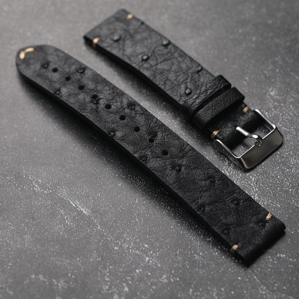 Bracelet de montre en cuir d'autruche Ultra-fin fait à la main 18 19 20 21 22MM Bracelet souple noir pour hommes Bracelet en cuir de Style Vintage