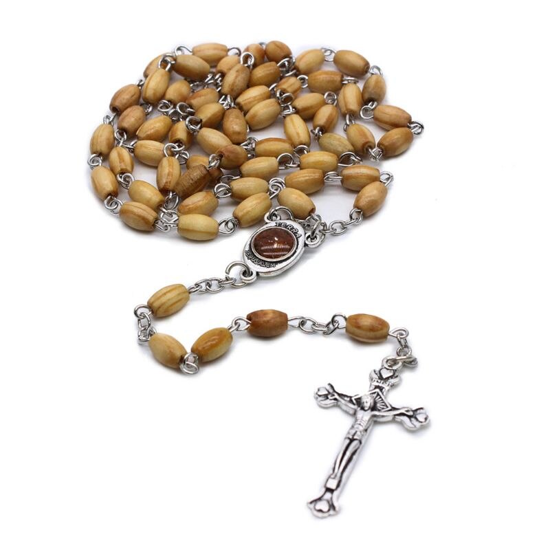 Håndlavede runde perler katolske rosenkrans kryds religiøse træperler mænd halskæde charme