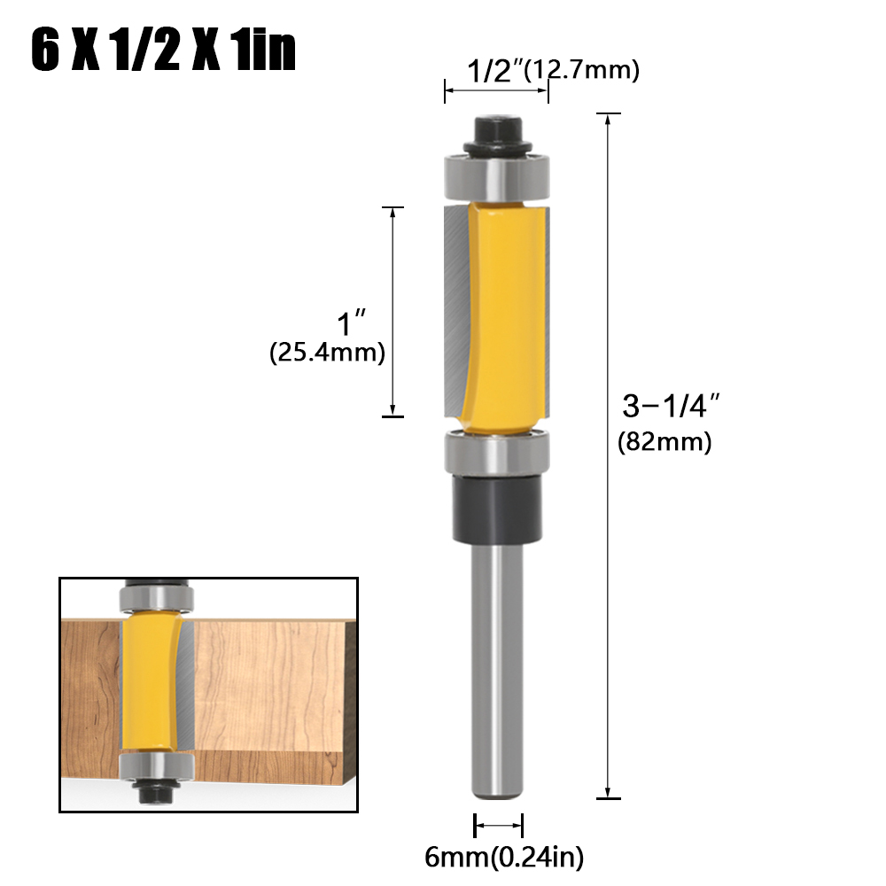 Modelo de haste de 6 mm e 1/4", broca de roteador de acabamento, com cortadores de roteamento de 2" de comprimento. Características: rolamentos de esferas superiores e inferiores Ferramenta para trabalhar madeira