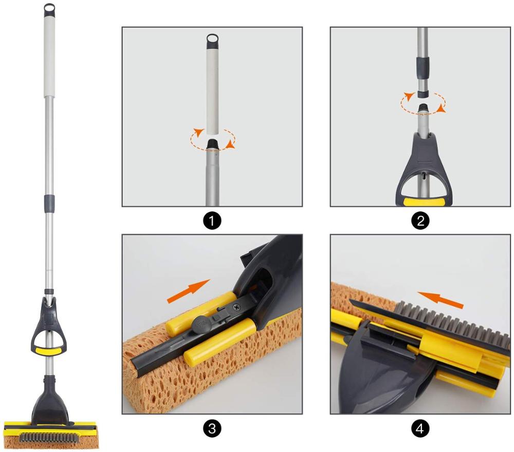 cleanhome Sponge Mop Home Commercial Use Tile Floor Mops Bathroom Garage Cleaning with Squeegee and Extendable Telescopic