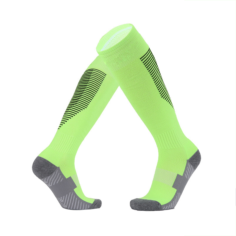 Sports Cycling Woman Men Compression Football Socks High For Sport Men&#39;s Cotton Yoga Long Towel Bottom Over Knee Stripe Socks: F green black edge / Child M 26-34code