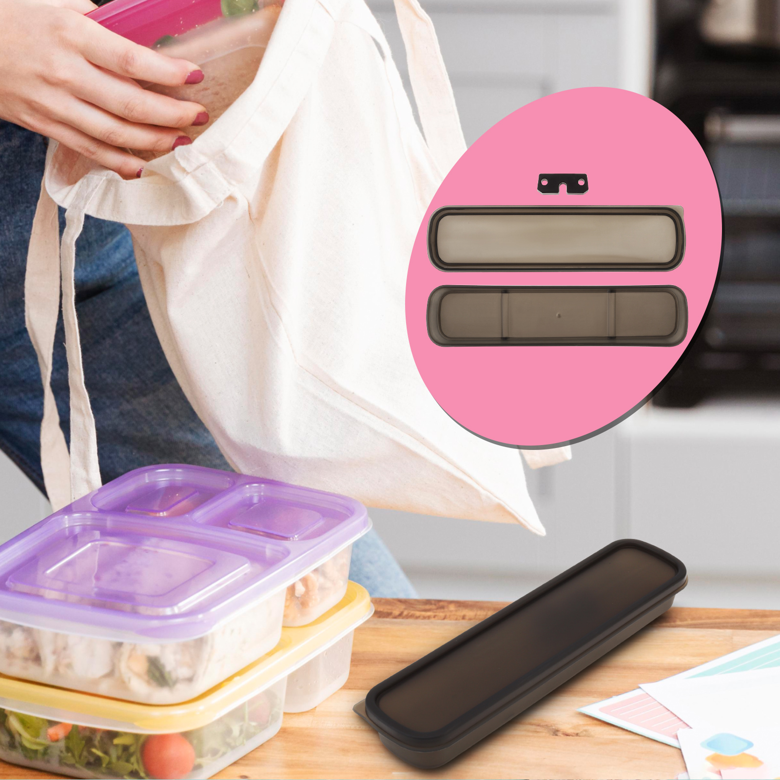 Wiederverwendbare tragbare PP-Geschirr-Aufbewahrungsbox mit Silikon-Pad, universeller schwarzer Besteck-Organizer