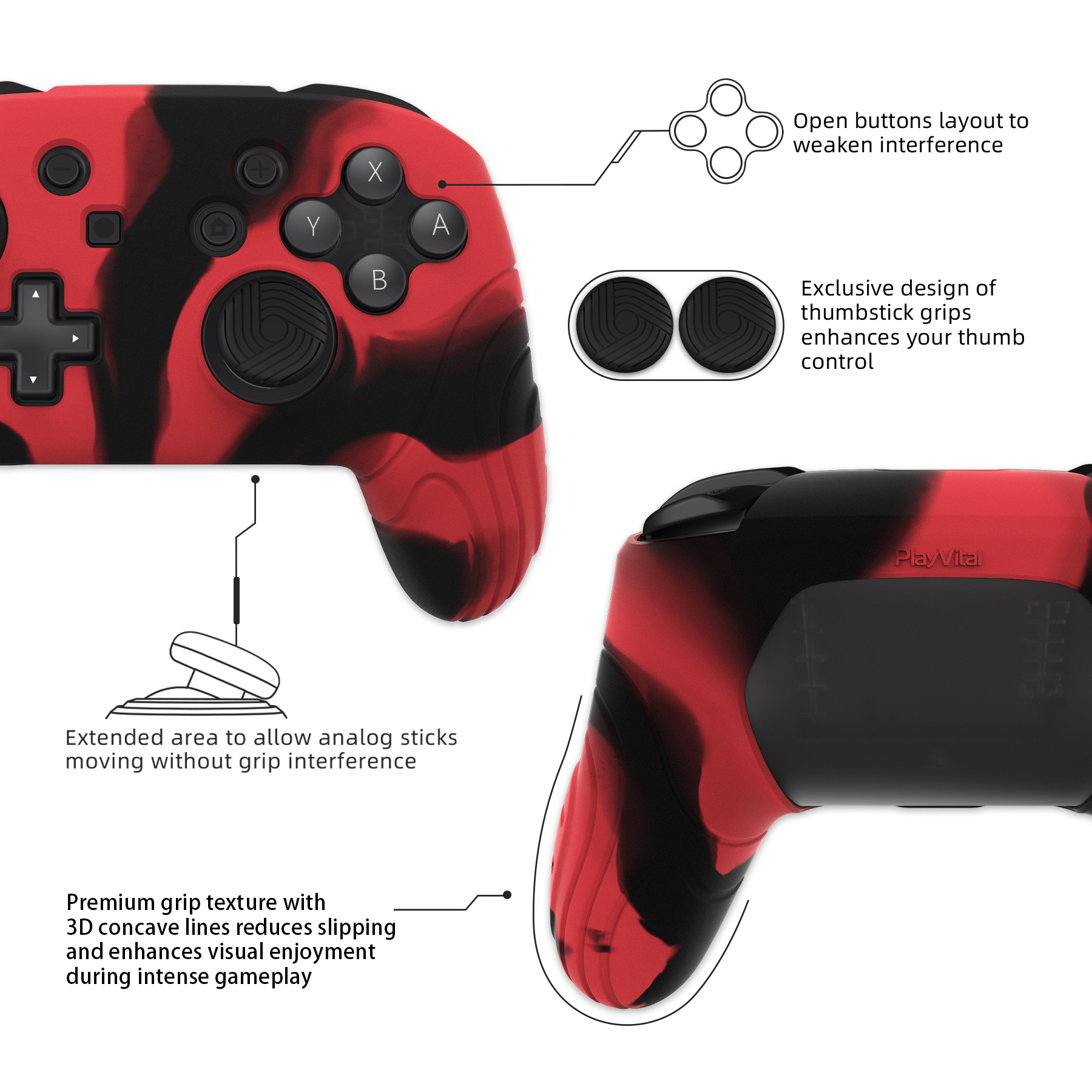 Playvital samurai edition ergonomische silikon hauts chutz hülle mit daumen griffen für nintendo switch pro-rot schwarz