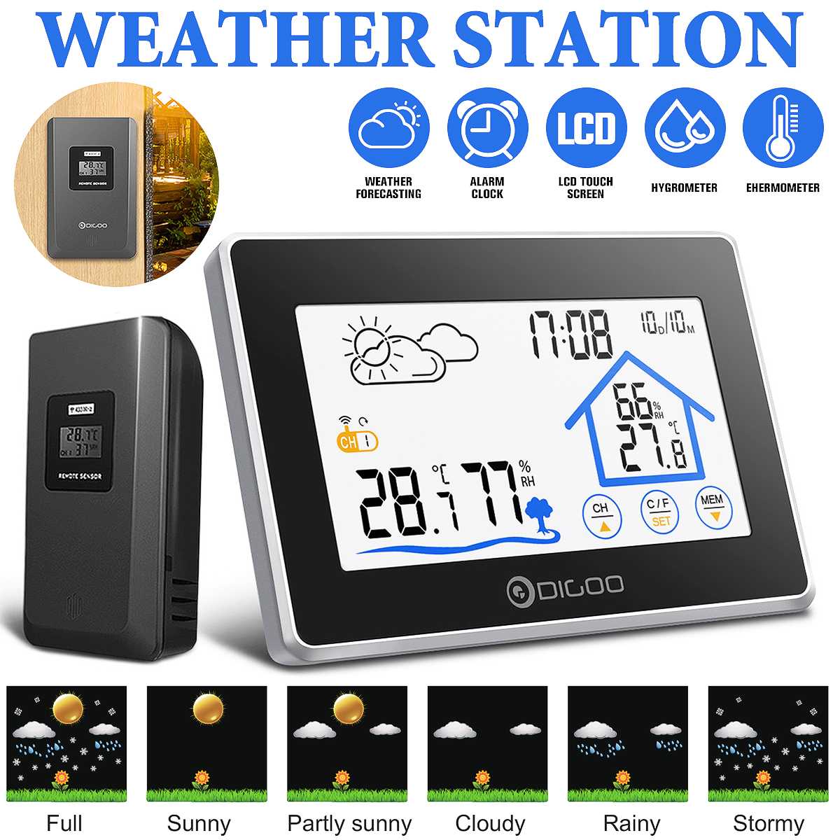 Digoo – Station météo sans fil DG-TH8380, capteur de prévision intérieure et extérieure, thermomètre, hygromètre, calendrier, rétro-éclairage