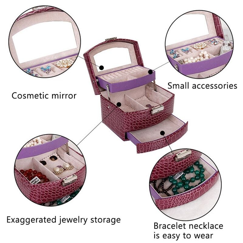 Automatisk læder smykkeskrin trelags opbevaringsboks til kvinder ørering ring kosmetisk organisator kiste til dekorationer (sort)