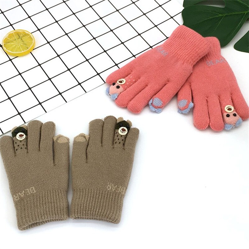 Winter Warme Handschoenen Voor Kinderen 3-8years Verdikte Kids Baby Wanten Buitensporten Vingertop Beer Dubbele Leuke Handschoenen