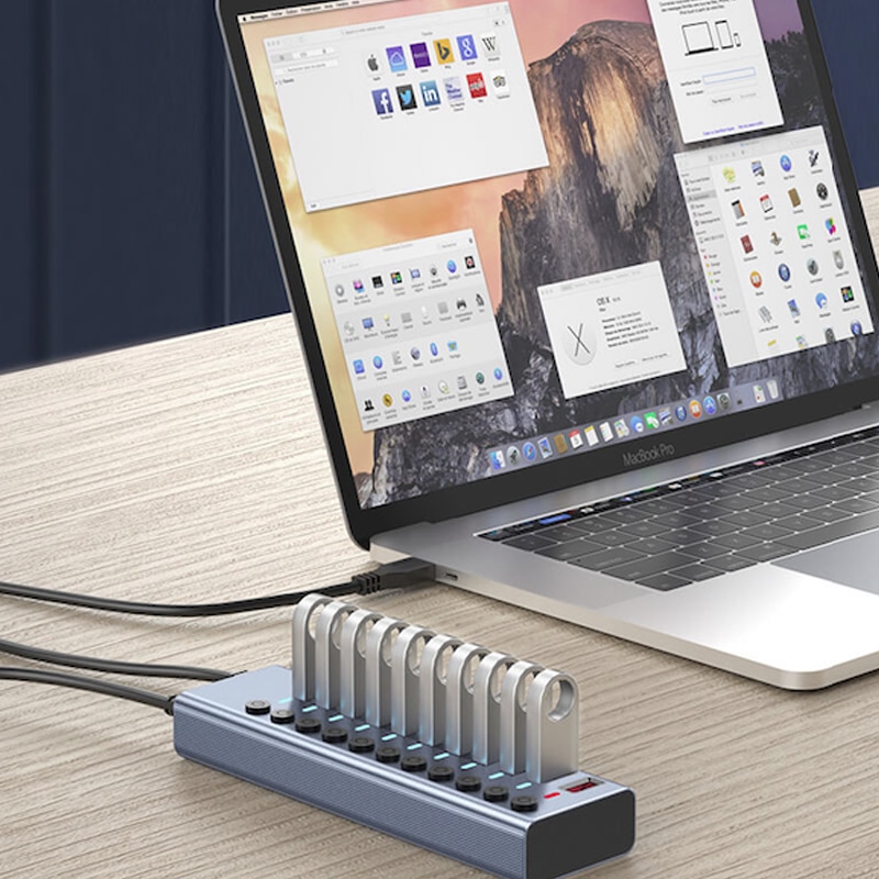 USB3.0 HUB With 12V Power Adapter EU UK US AU Splitter 2.4A Fast Charging And 10Ports USB HUB Simultaneously Read Write At 5Gbps