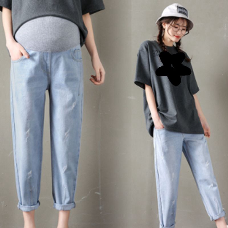 Pantalon de maternité pour femmes enceintes, jean bleu troué, Leggings ventre, pantalon sarouel de grossesse