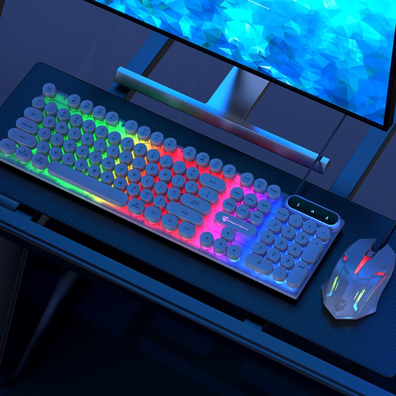 Punk Mechanical Feel Gaming Keyboard Mouse Combos Wired 104 Round Keycaps Keys Rainbow Backlit Keyboard for PC Gamer Computer: SMT3C391Whitekit