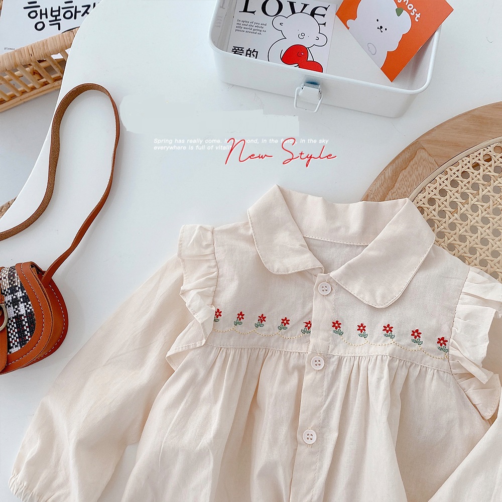 Herfst Kinderen Kids Lange Mouwen Revers Kraag Borduurwerk Bloemen Ruches Casual Prinses Party Shirts Meisjes Blouse Tops