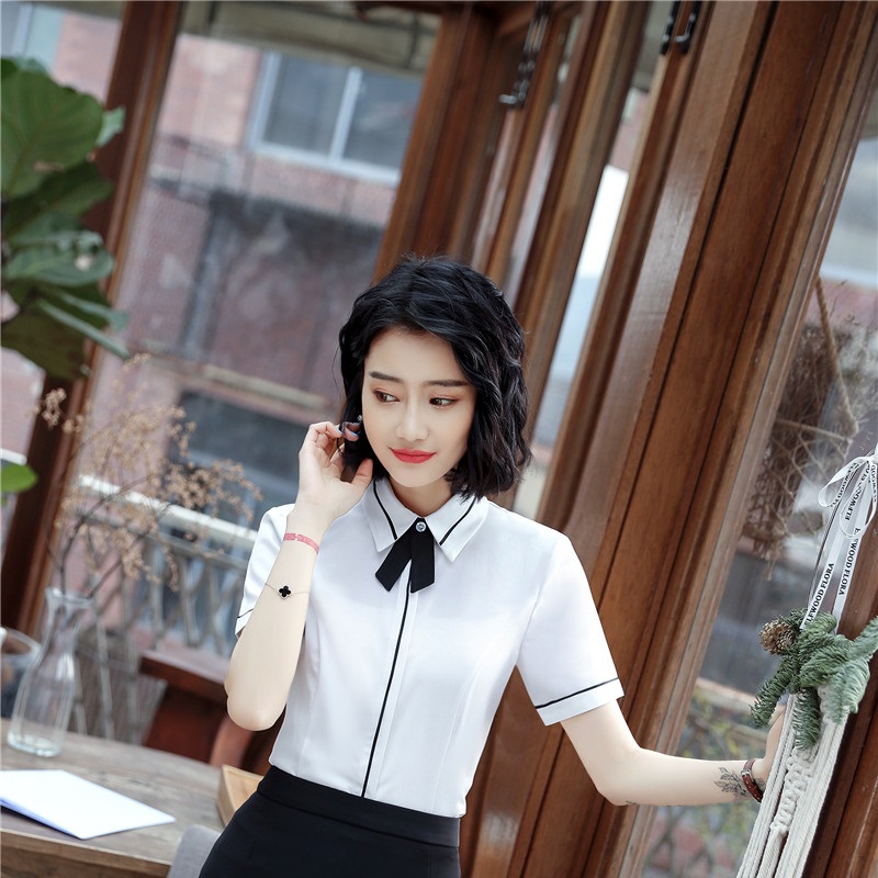 Blouses With Tie Formal Uniform Styles Summer Short Sleeve Blouse For Women Office Work Wear Tops Clothes Shirts